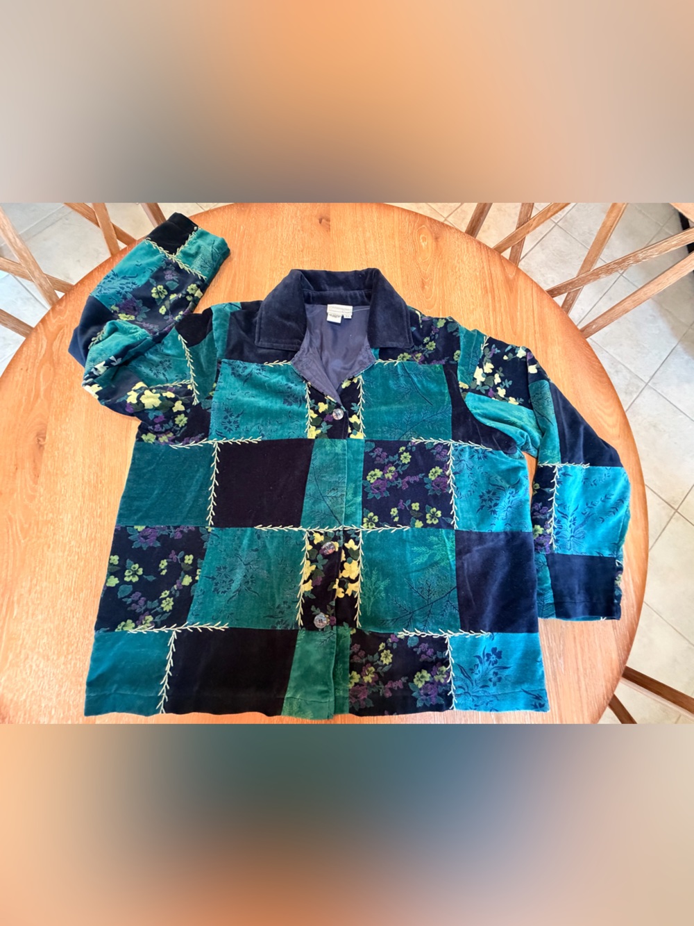 Coldwater Creek Teal & Navy Patchwork Velvet Button-Down Shirt Jacket 2X Boho